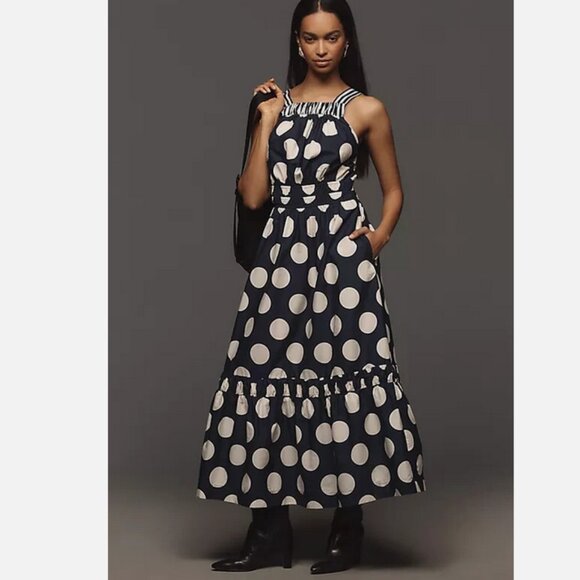 Anthropologie The Somerset Maxi Dress Poplin Halter Tiered Cotton S NWT Dots - Picture 2 of 4